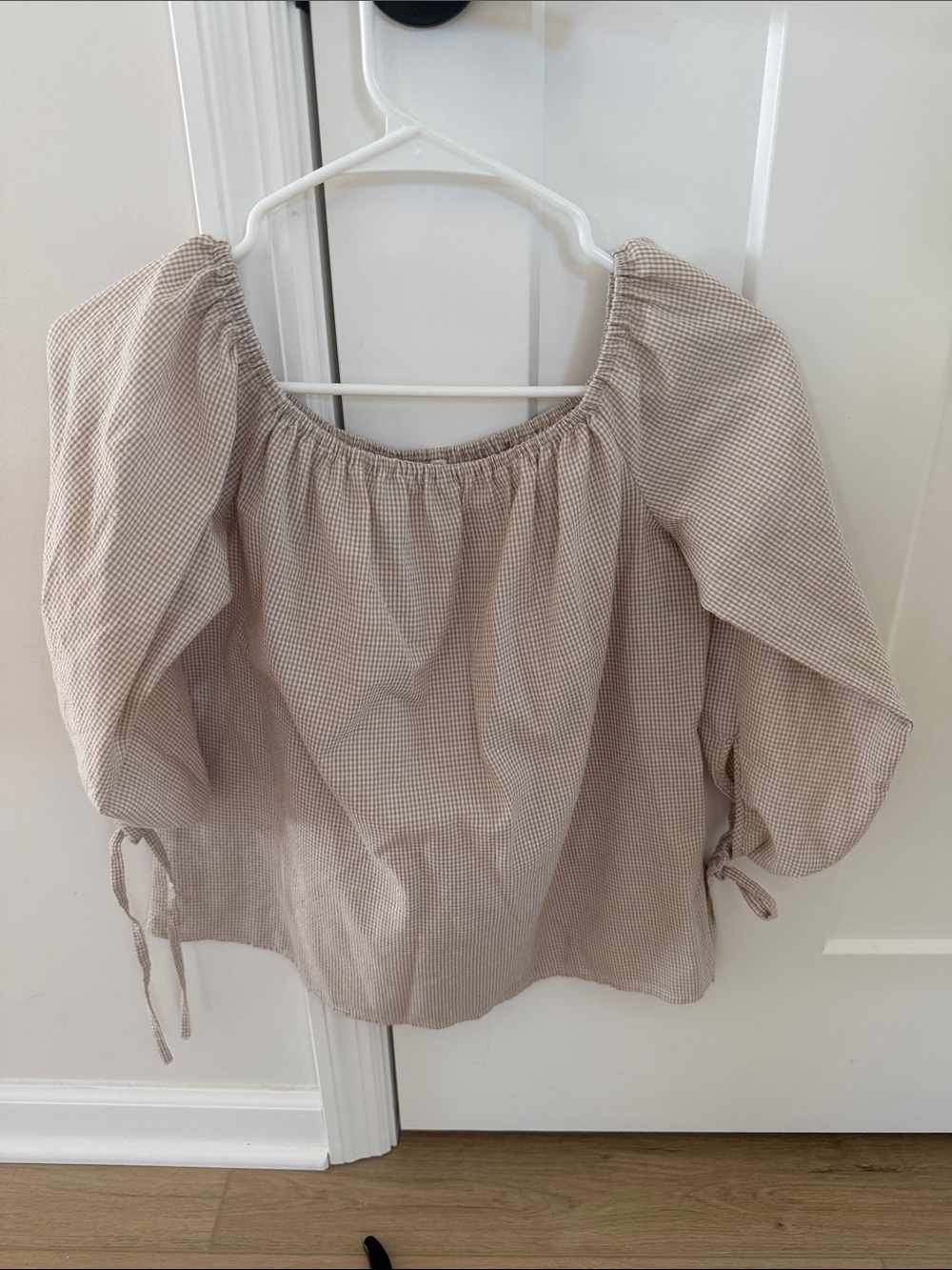 Women’s Beige Gingham Peasant Blouse - Neutral